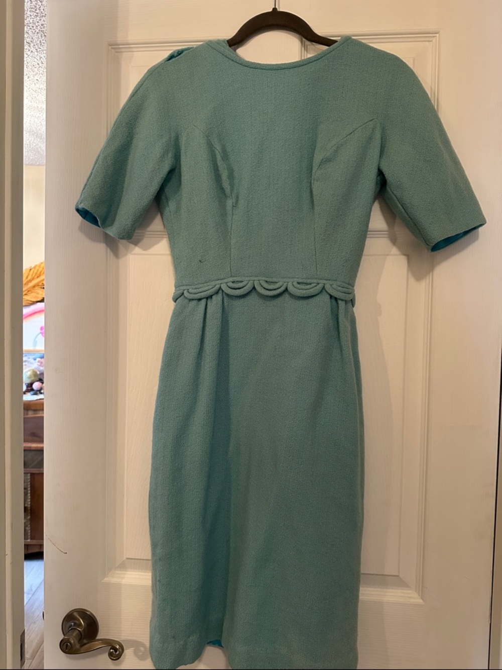 Vintage 1950-60’s Classic Short-Sleeve Aqua Dress with Scallop Waist Detail.